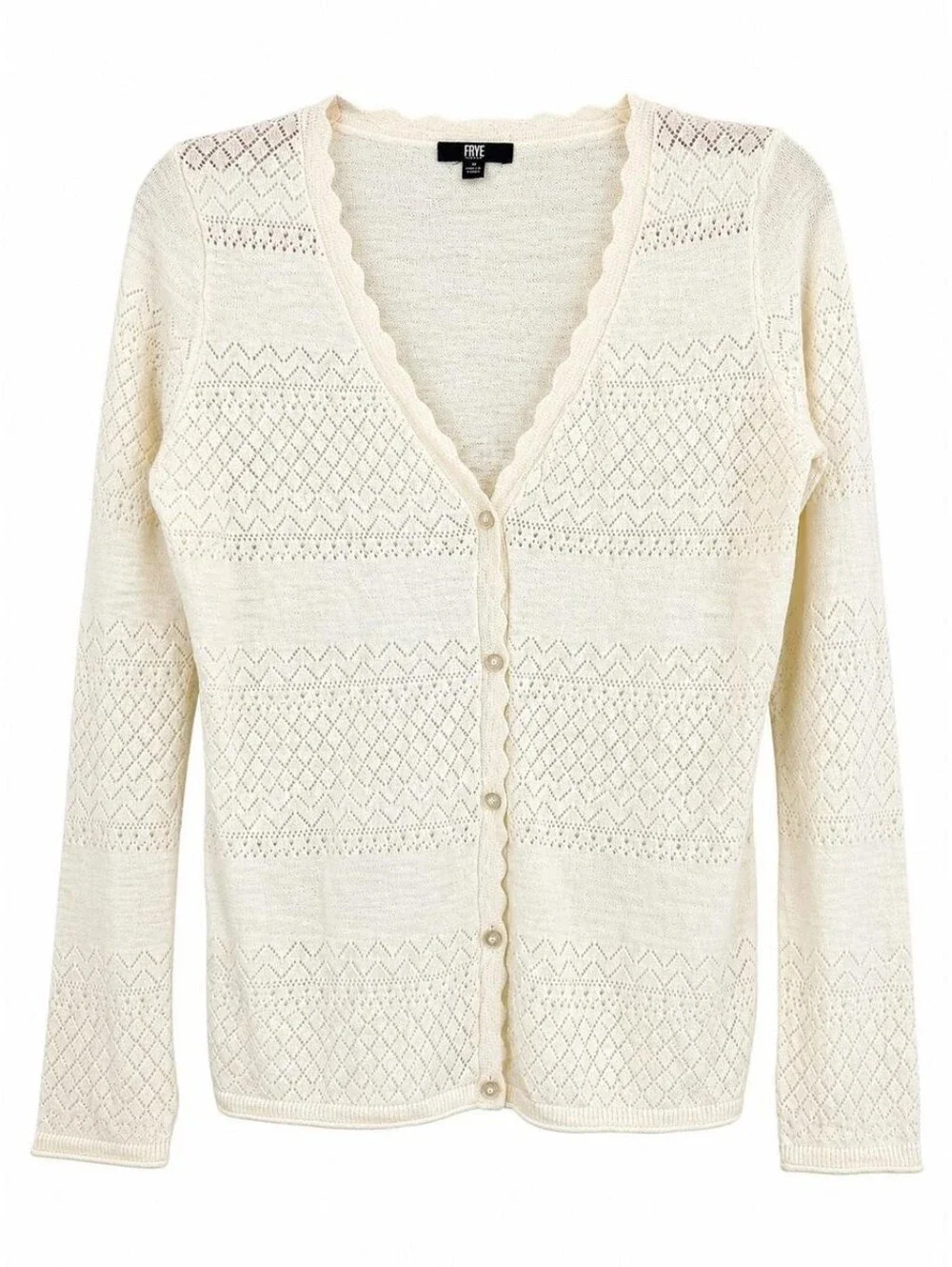 Frye Ivory Pointelle Cotton Cardigan Sweater Scalloped Hem Button Up XL